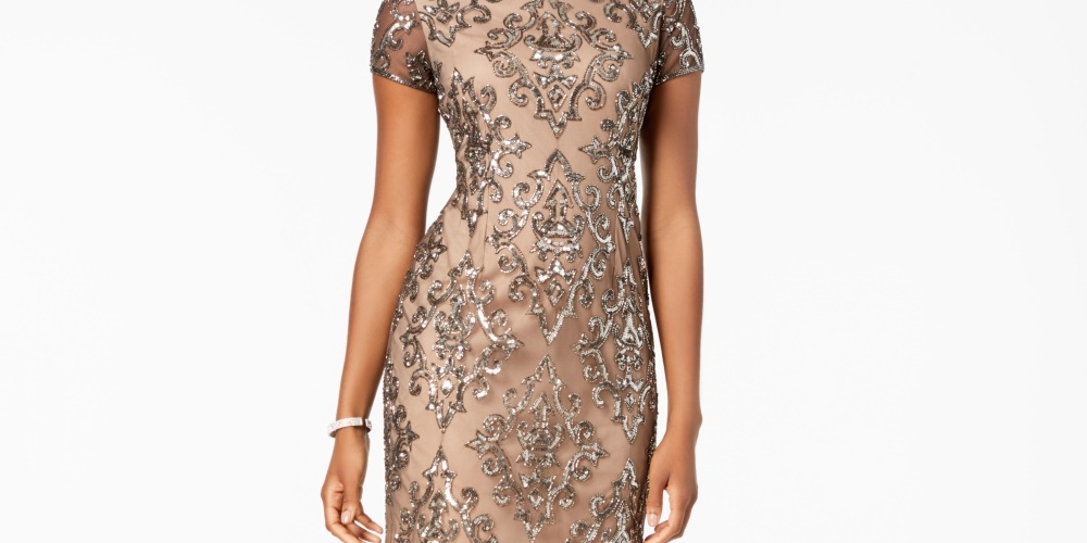 Adrianna Papell Women's Damask Sequined Mesh Dress Brown Size 6