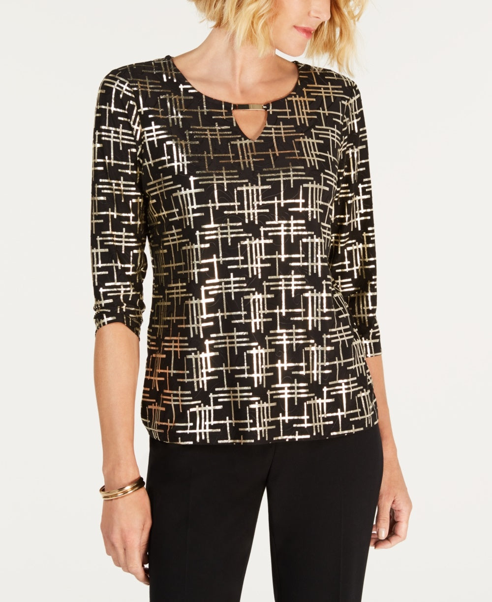 JM Collection Women's Printed Jacquard Top Black Size Petite X-Large