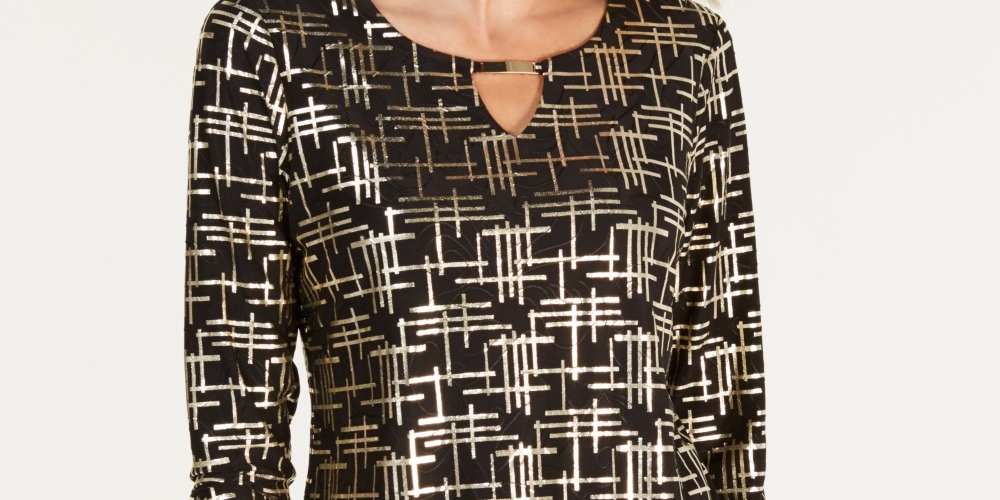 JM Collection Women's Printed Jacquard Top Black Size Petite X-Large