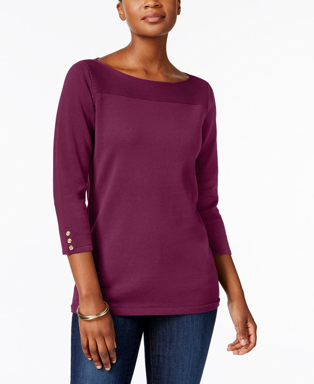 Karen Scott Women's Petite Cotton Button-Trim Sweater Red Size Petite