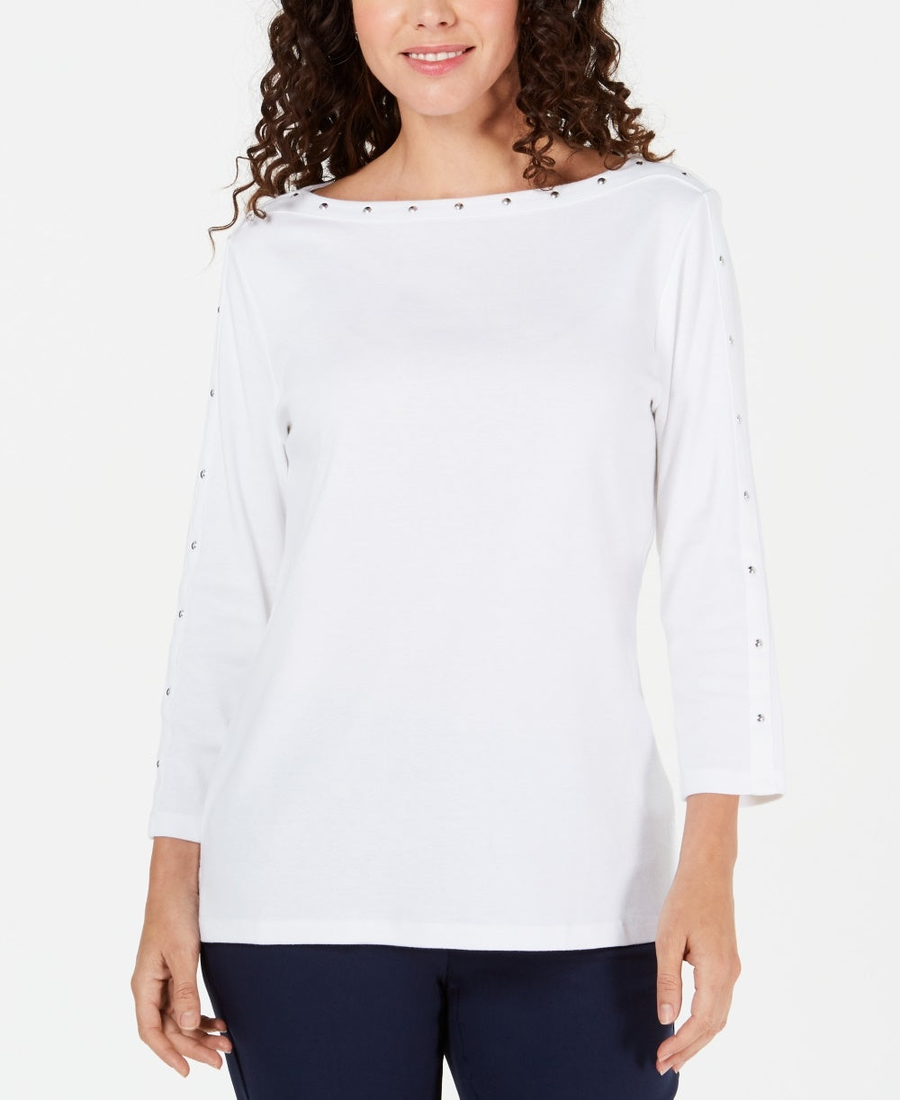 Karen Scott Women's Studded Boat Neck Cotton Top  White Size Petite Small