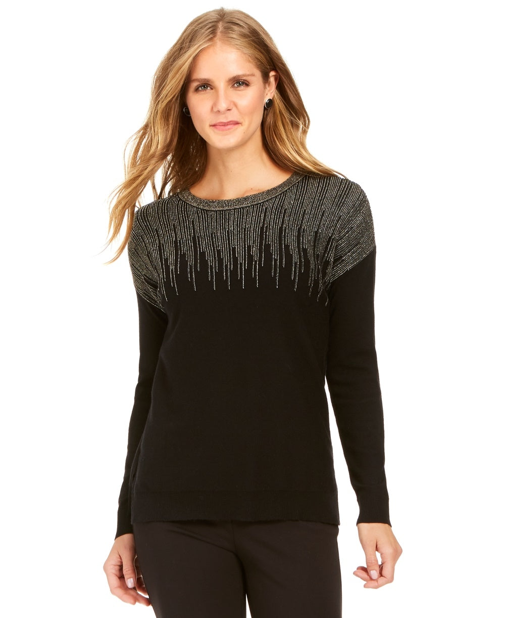 Alfani Women's Metallic-Detail Vented-Hem Sweater In Regular & Petite Black Size Petite Small