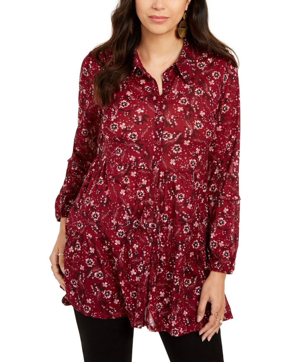 Style & Co Women's Floral Print Tiered Shirt Red Size PM