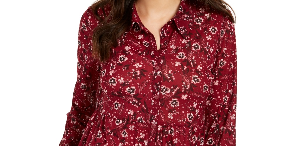 Style & Co Women's Floral Print Tiered Shirt Red Size PM