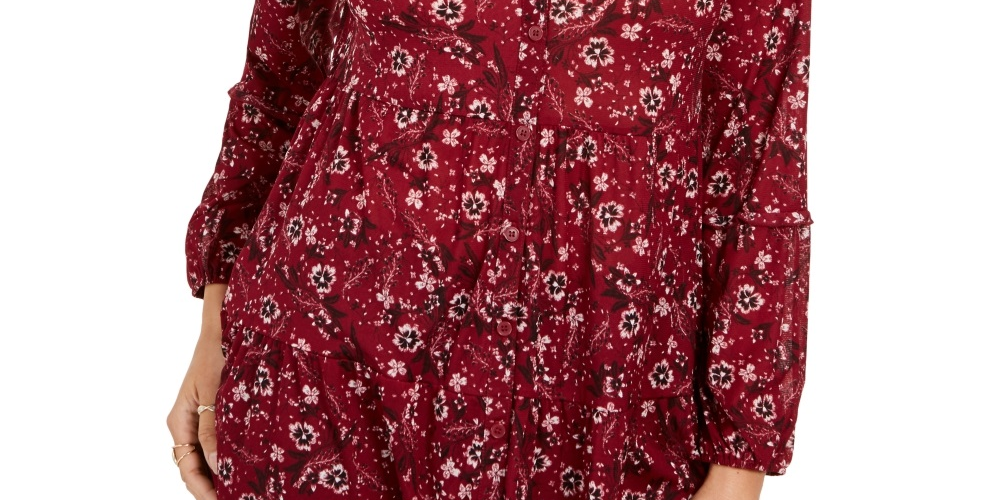 Style & Co Women's Floral Print Tiered Shirt Red Size PM