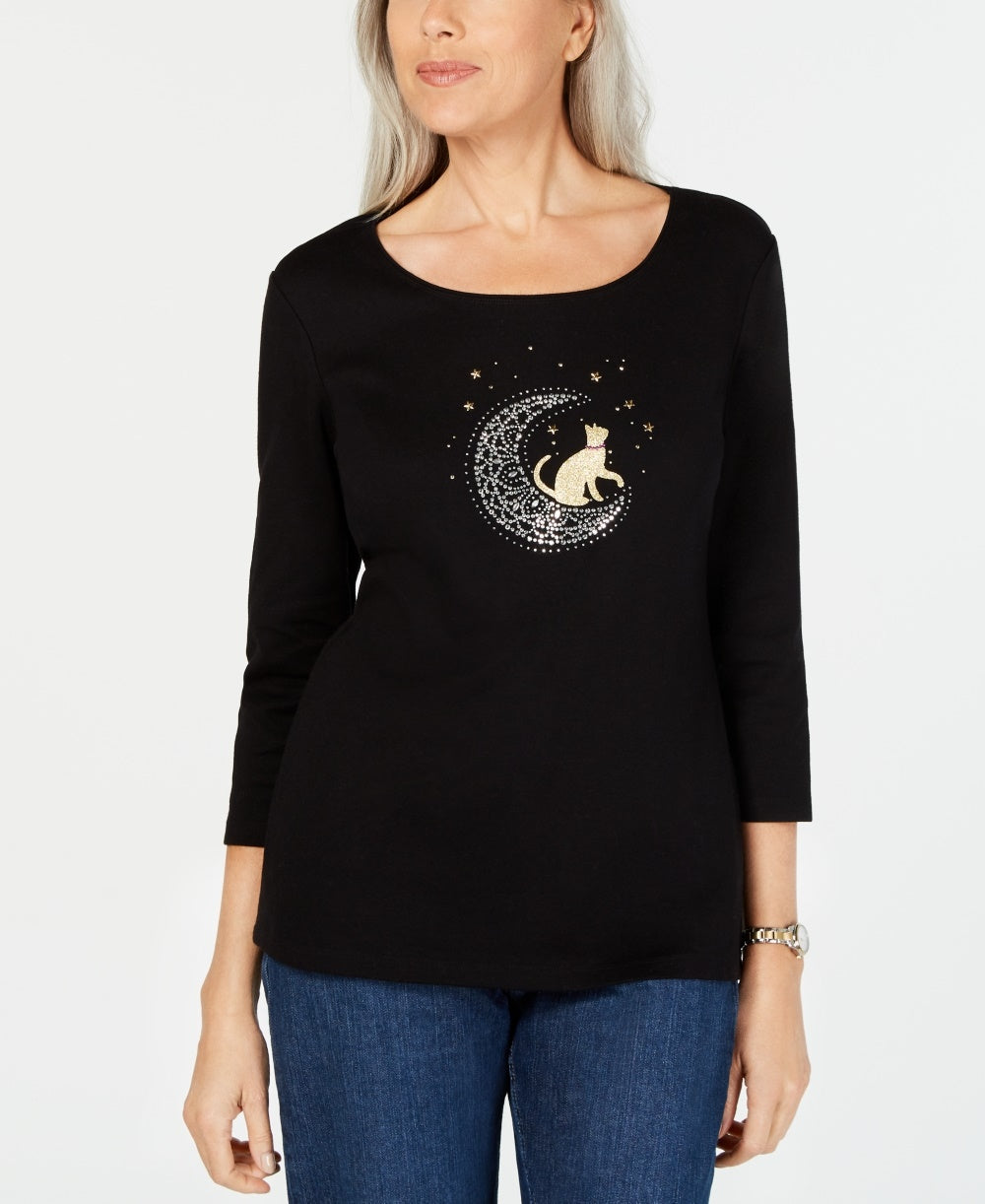 Karen Scott Women's 3/4-Sleeve Embellished Cotton Top Black Size X-Large