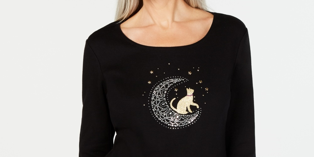 Karen Scott Women's 3/4-Sleeve Embellished Cotton Top Black Size X-Large