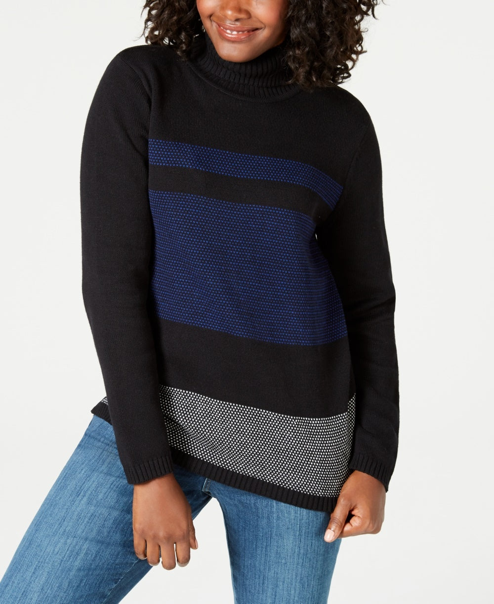 Karen Scott Women's Colorblocked Cotton Turtleneck Sweater Blue Size Petite Small