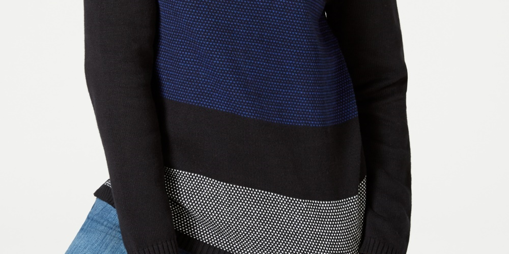 Karen Scott Women's Colorblocked Cotton Turtleneck Sweater Blue Size Petite Small