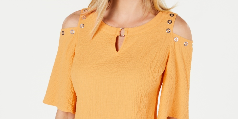 JM Collection Women's Crinkle Texture Cold Shoulder Blouse Yellow Size X-Small