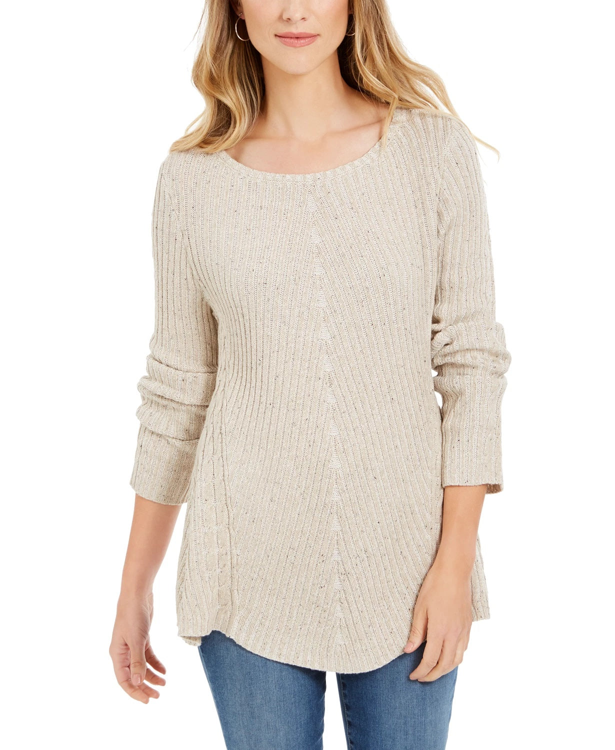 Style & Co Women's Textured Speckle Long Sleeve Jewel Neck T Shirt Sweater Beige Size PM