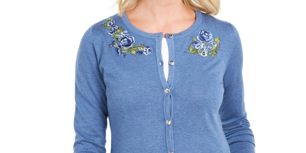 Karen Scott Women's Petite Floral-Embroidered Cardigan Blue PS