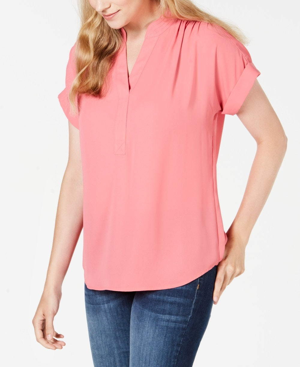 Charter Club Women's Split Neck Short Sleeve Top Pink Size Petite X-Large