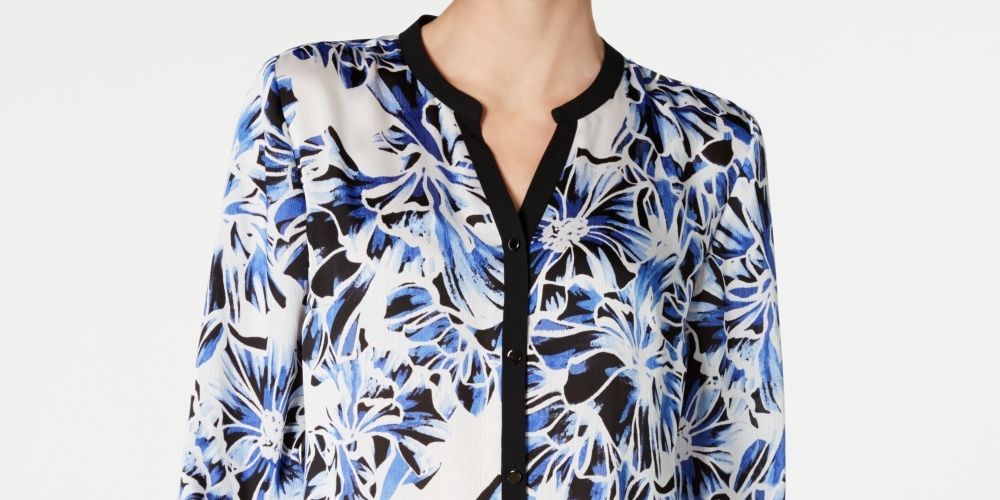 JM Collection Women's Printed & Solid Blouse Blue Size Petite Small