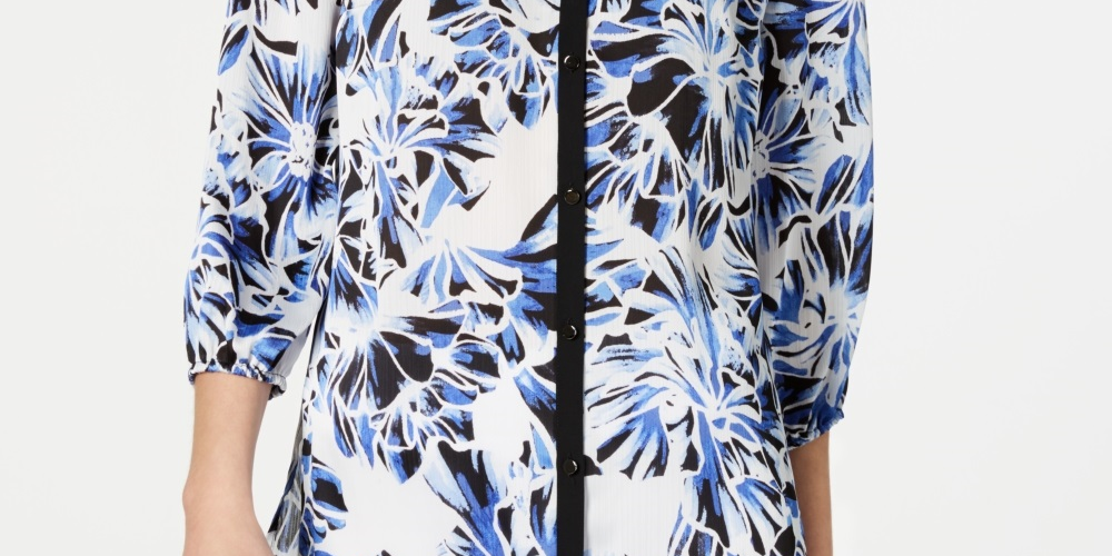JM Collection Women's Printed & Solid Blouse Blue Size Petite Small