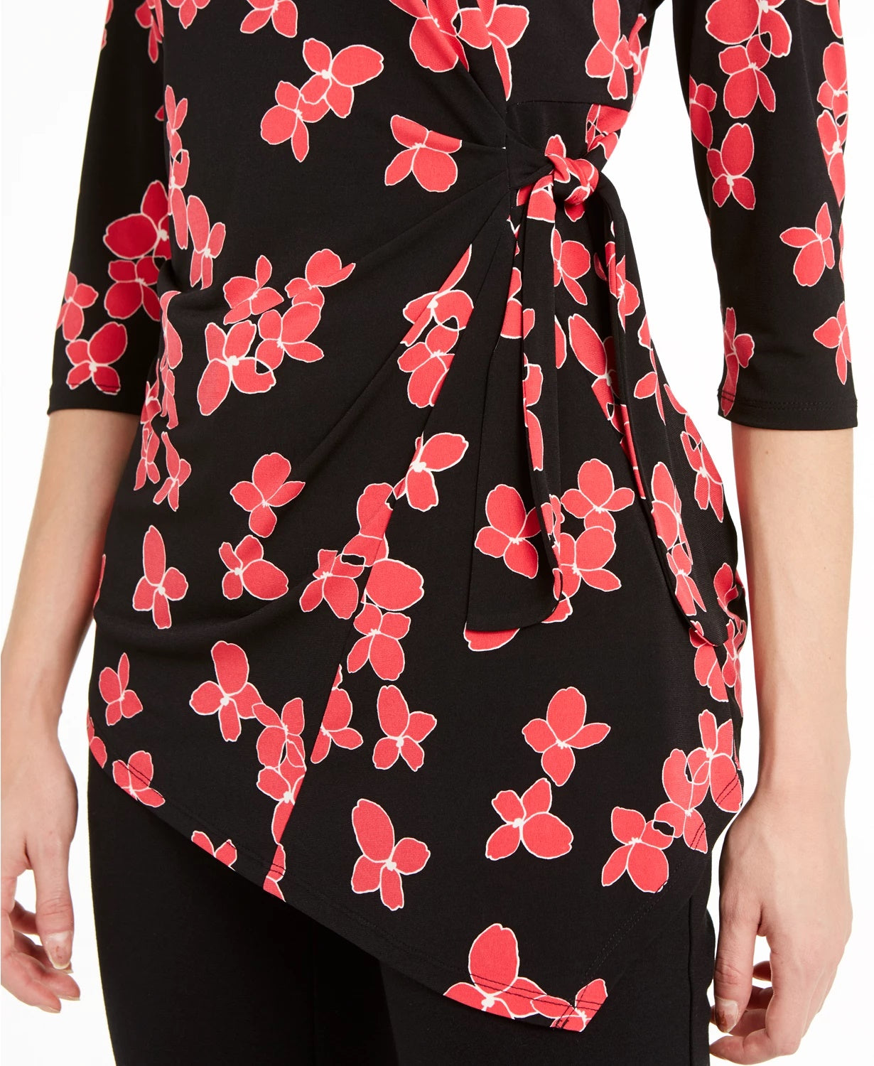 Alfani Women's Floral Print Side Tie Top Black Size Petite X-Large