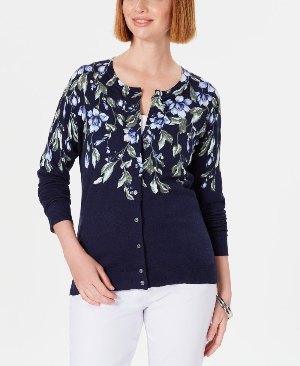 Karen Scott Women's Floral-Print Cardigan Navy Size X-Small