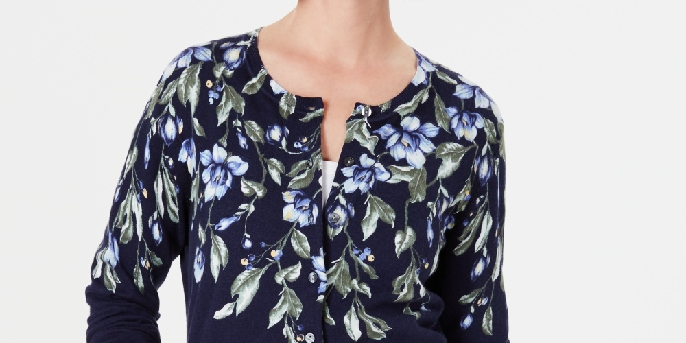 Karen Scott Women's Floral-Print Cardigan Navy Size X-Small