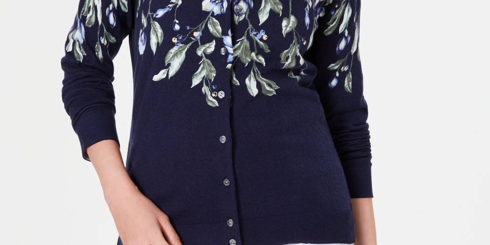 Karen Scott Women's Floral-Print Cardigan Navy Size X-Small