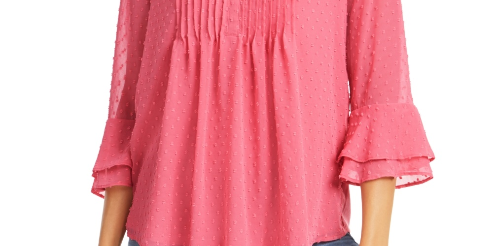 Charter Club Women's Petite Double-Ruffle Textured Pintuck Top Pink Size Petite X-Large