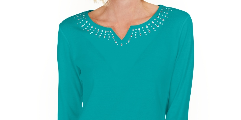 Karen Scott Women's Cotton Studded Split-Neck Top Blue Size Medium