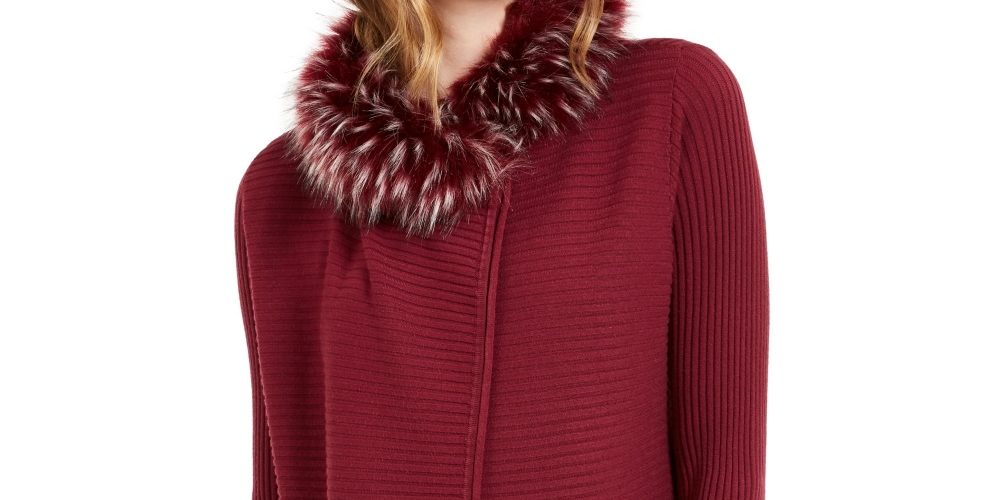Alfani Women's Faux Fur Trim Convertible Cardigan Red Size Petite X-Large