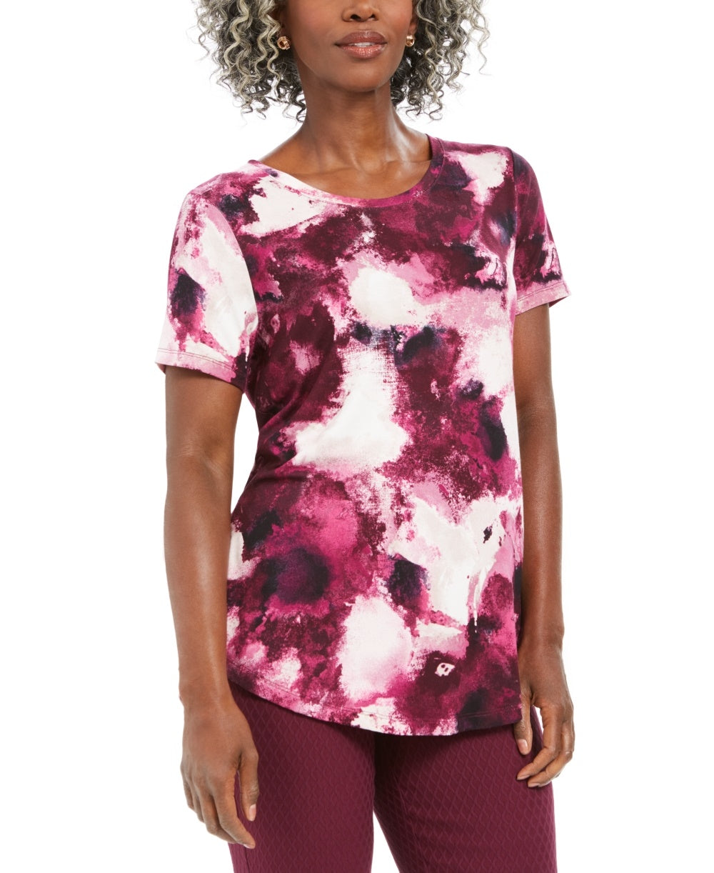 JM Collection Women's Paint-Print Scoop Neckline Top Pink Size Small