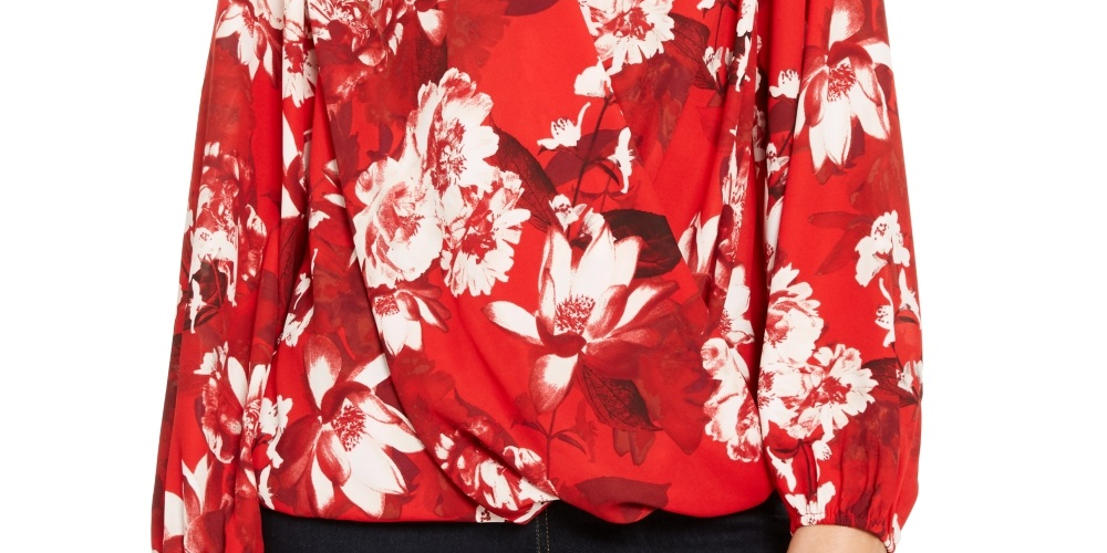 INC International Concepts Women's Floral Print Surplice Top Red Size PL