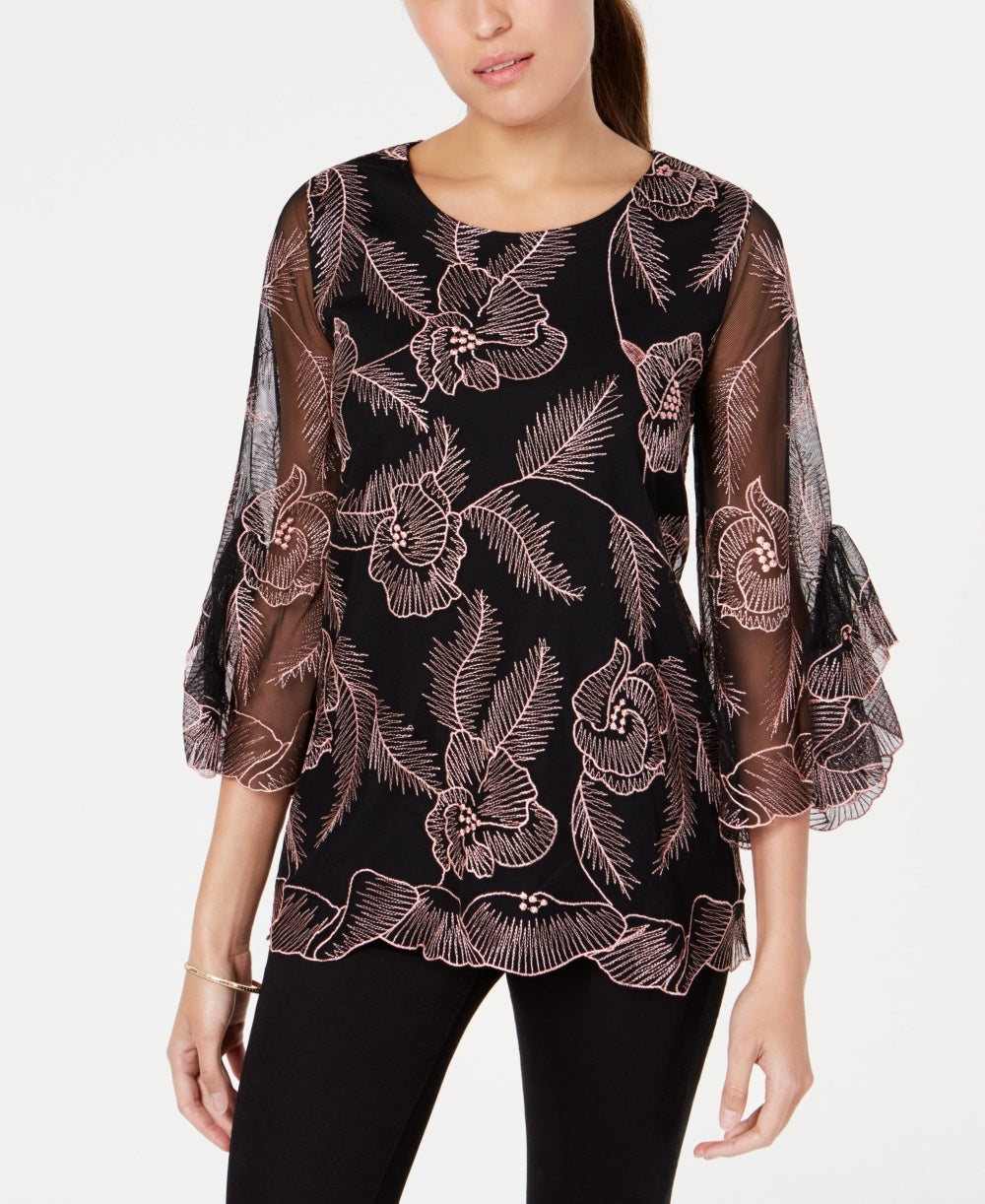 Alfani Petite Embroidered Flounce-Sleeve Top Pink Size Petite X-Large