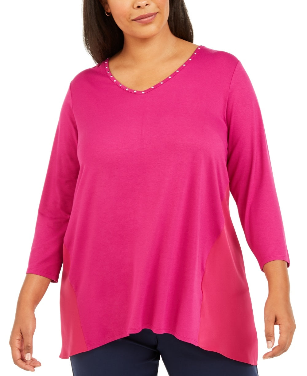 JM Collection Women's Plus Size Studded Mixed-Media Top Pink Size 0X