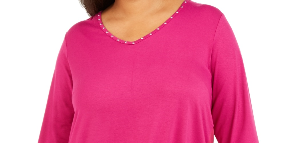 JM Collection Women's Plus Size Studded Mixed-Media Top Pink Size 0X