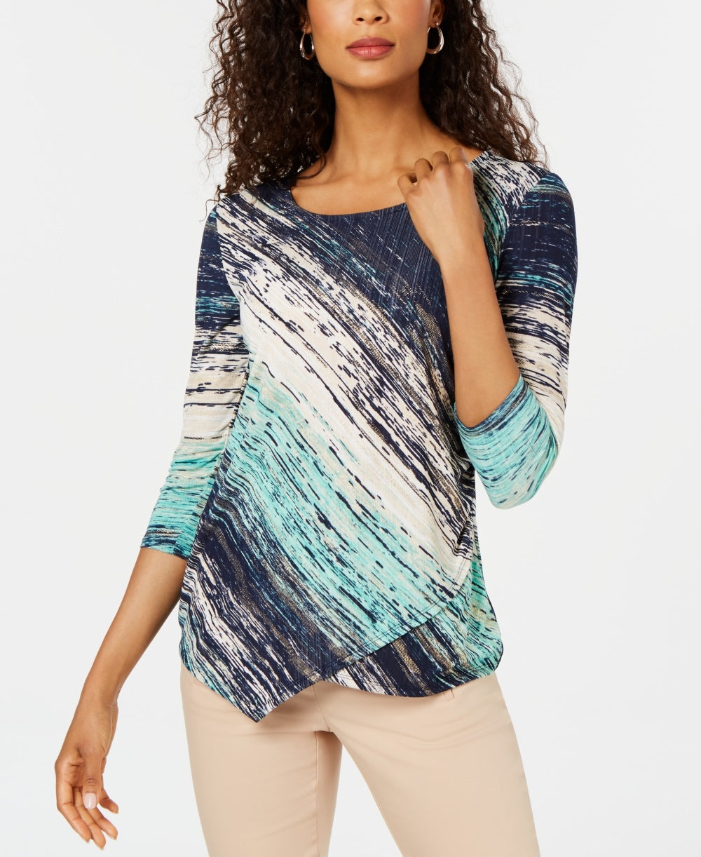 JM Collection Women's Asymmetrical Foil Textured Top Blue Size Petite Small