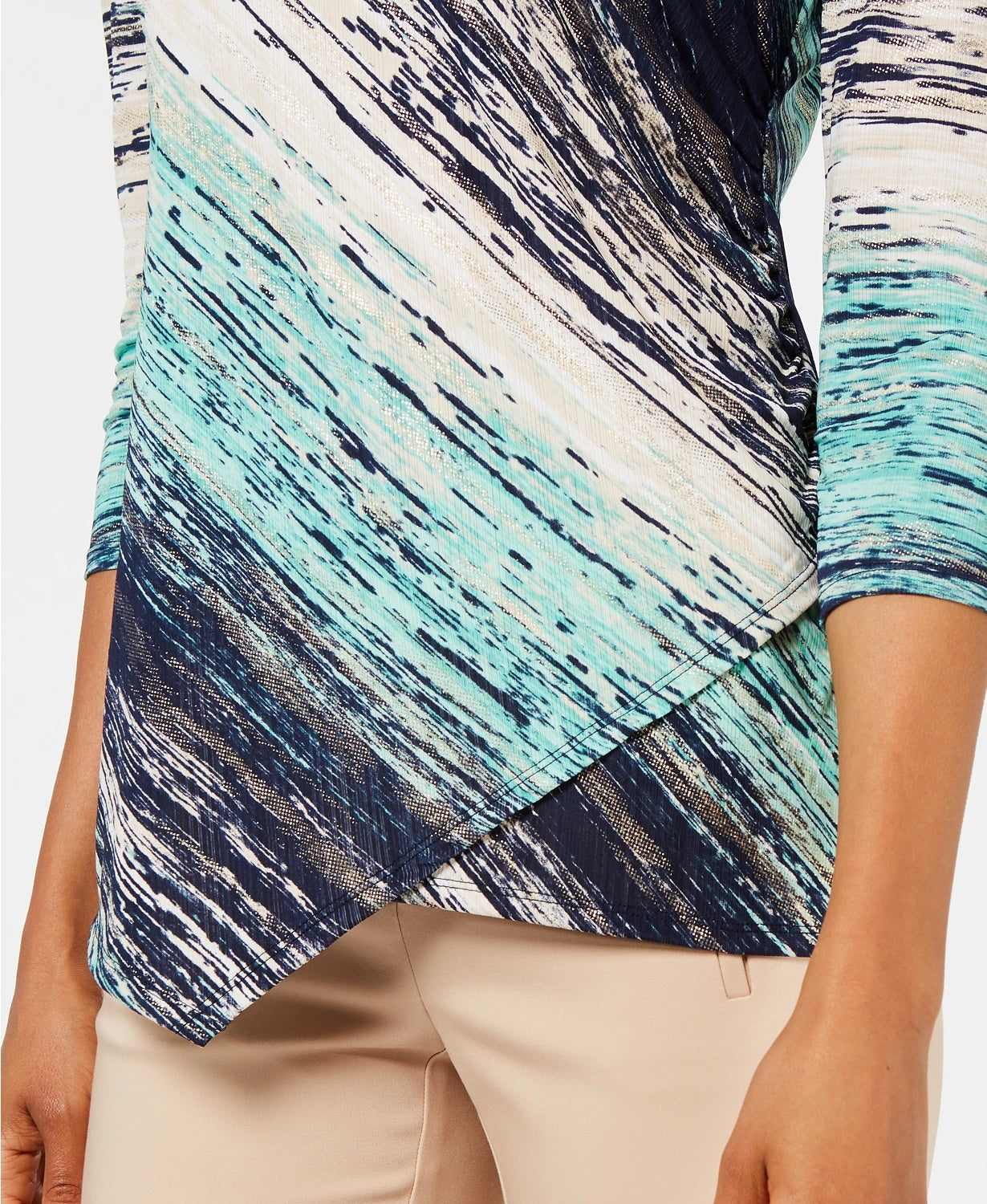 JM Collection Women's Asymmetrical Foil Textured Top Blue Size Petite Small