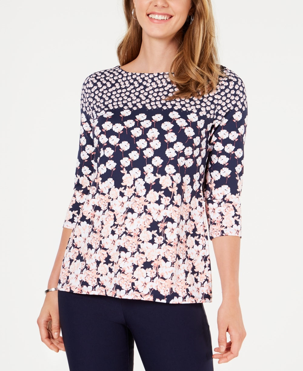 Charter Club Women's Floral-Print Boat-Neck Top Blue Size X-Large