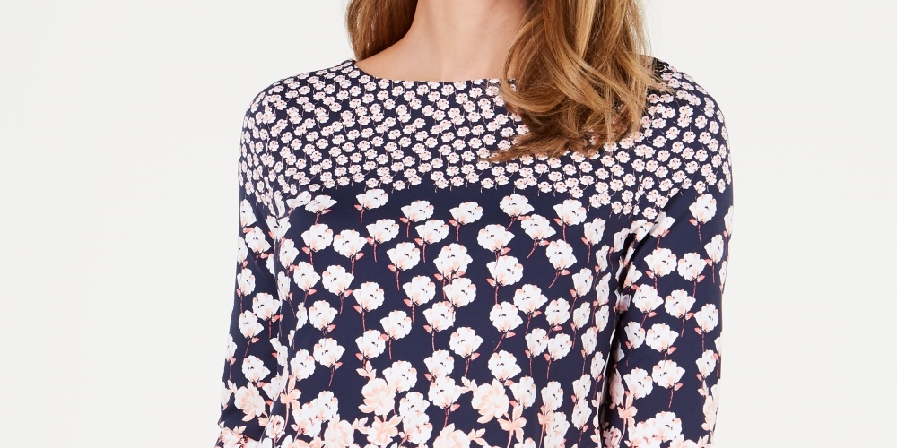 Charter Club Women's Floral-Print Boat-Neck Top Blue Size X-Large