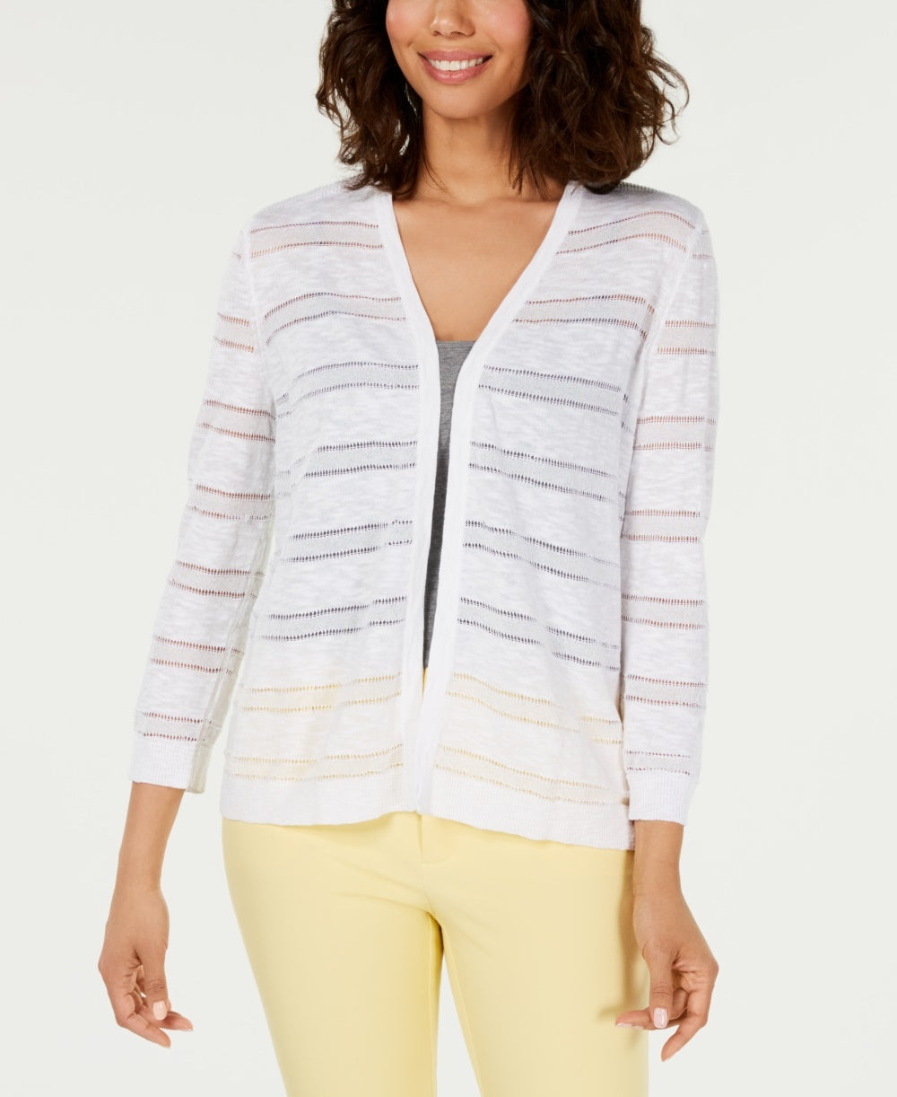 Charter Club Women's Pointelle Striped Cardigan  White Size X-Large