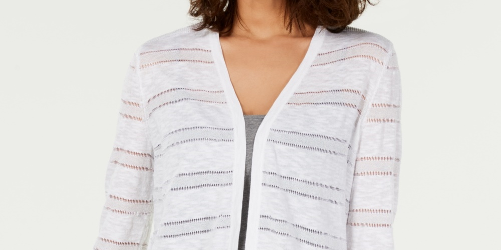 Charter Club Women's Pointelle Striped Cardigan  White Size X-Large
