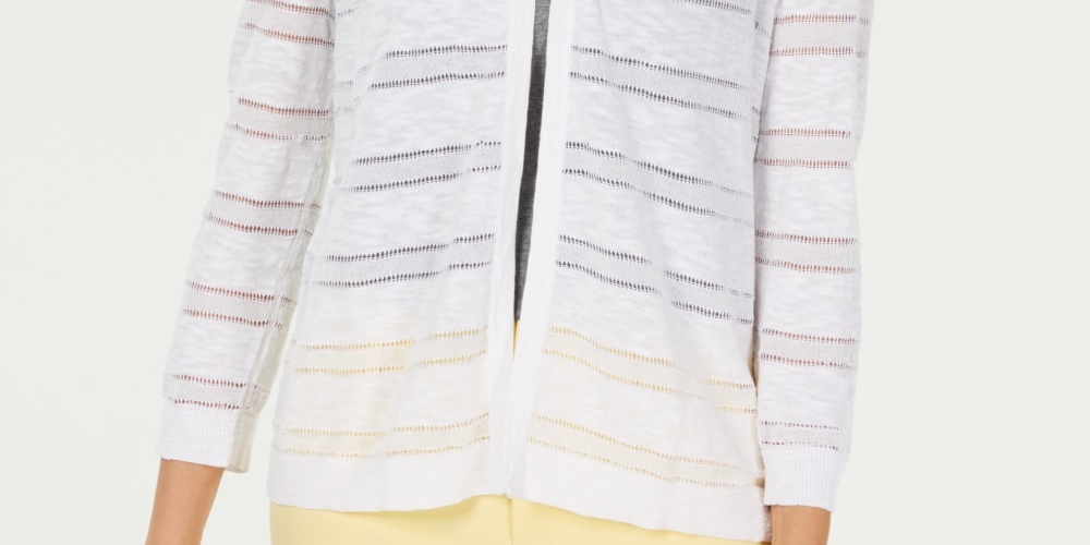 Charter Club Women's Pointelle Striped Cardigan  White Size X-Large