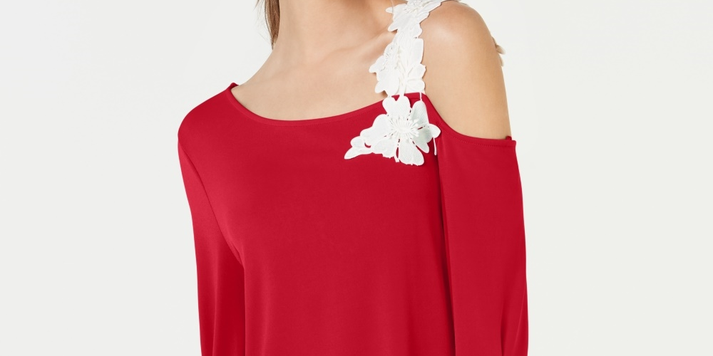Alfani Women's One Shoulder Applique Top Red Size PM