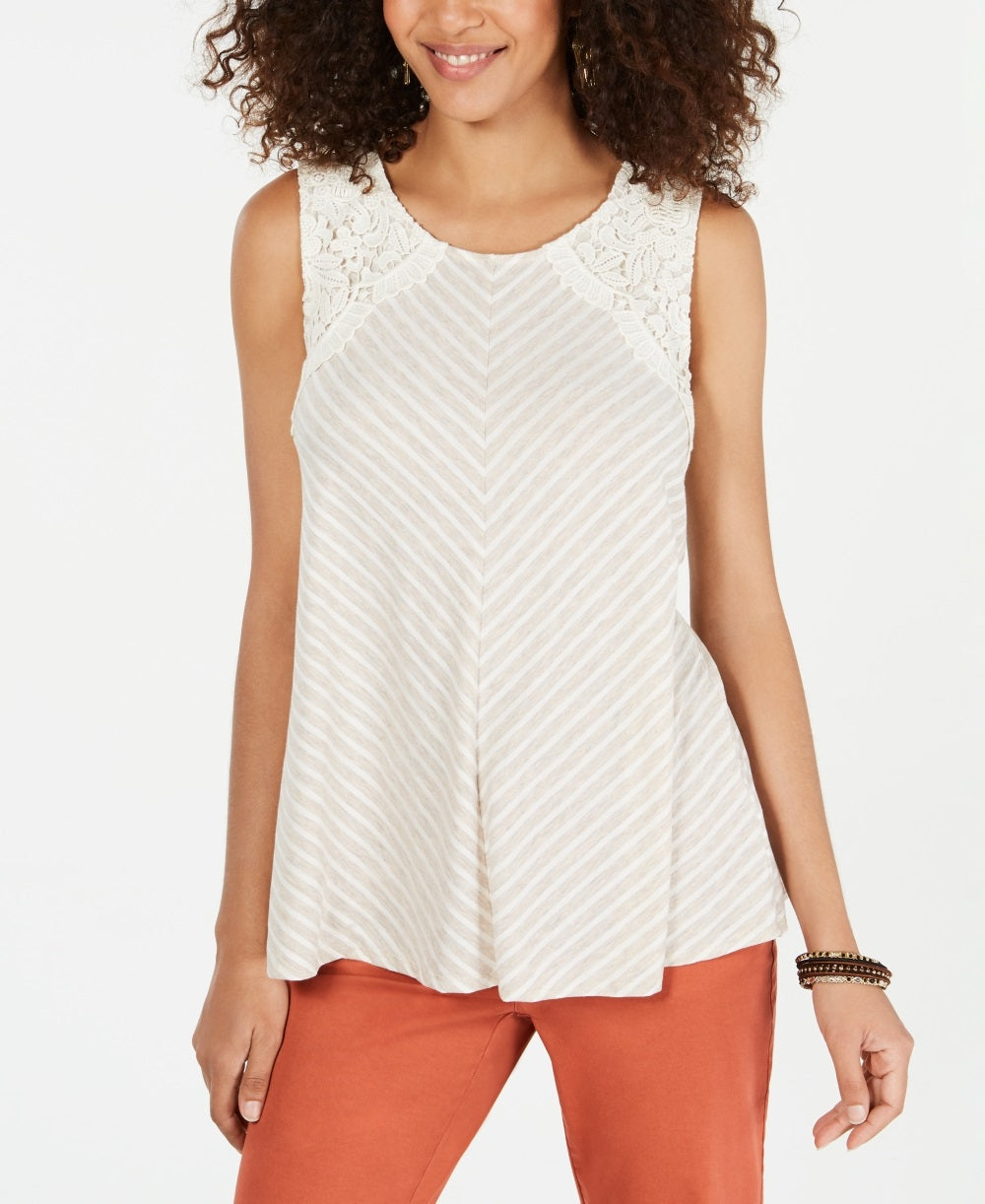 Style & Co Women's Striped Lace Sleeveless Top Beige Size X-Large