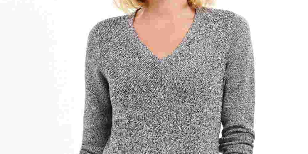 Charter Club Women's Herringbone Long Sleeve V Neck T Shirt Top Black Size PM
