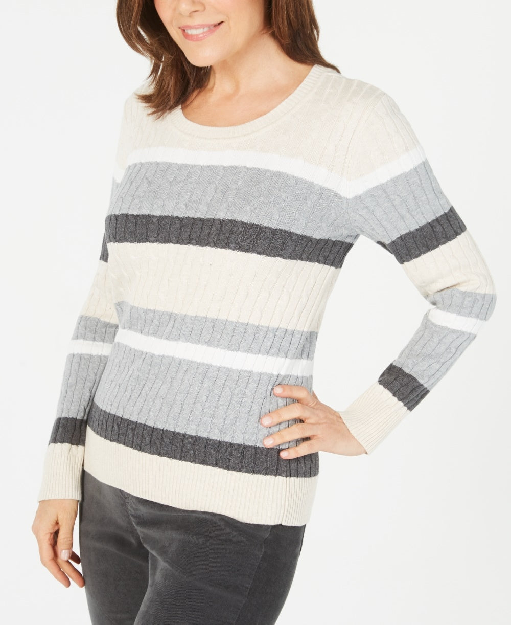 Karen Scott Women's Cotton Striped Cable Knit Sweater Beige Multi Size Petite Medium
