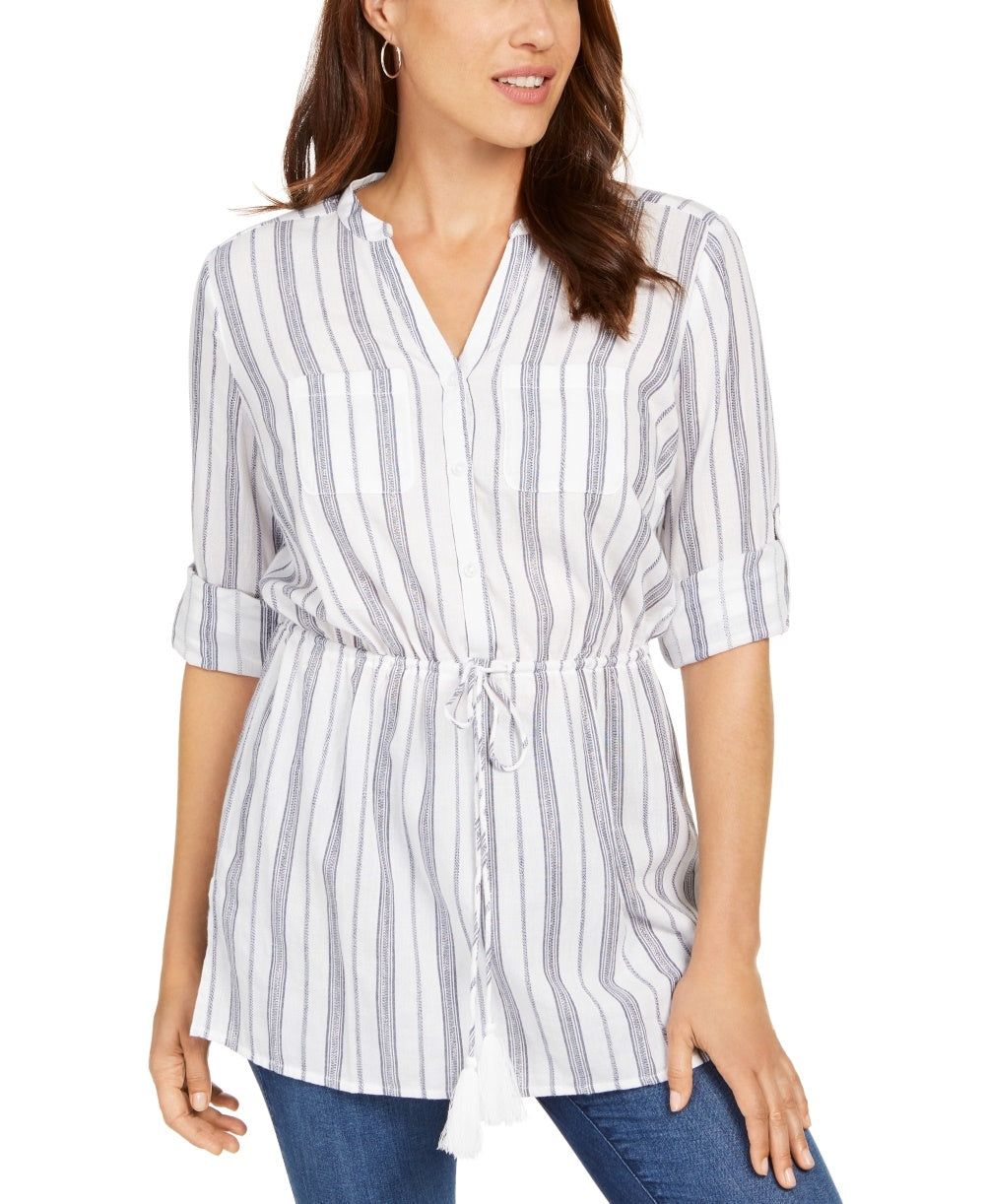 Charter Club Women's Striped Tie-Waist Cotton Top White Size Large