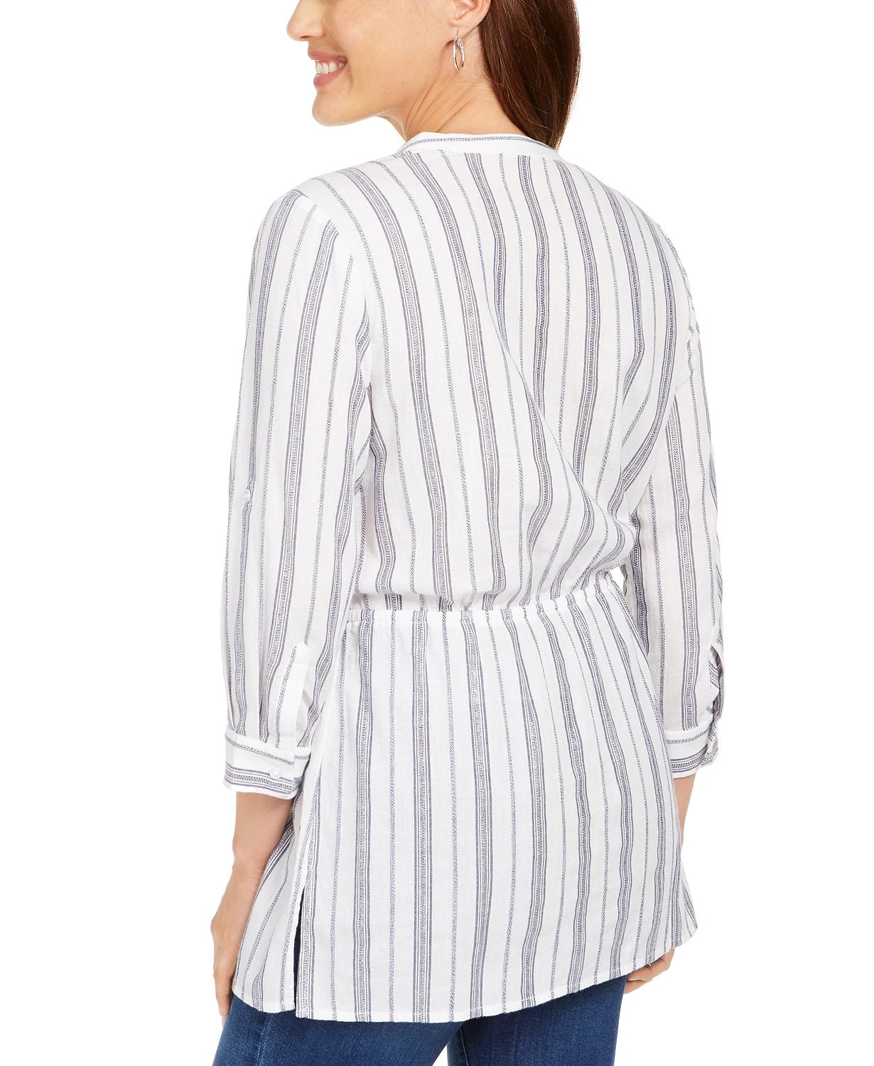 Charter Club Women's Striped Tie-Waist Cotton Top White Size Large