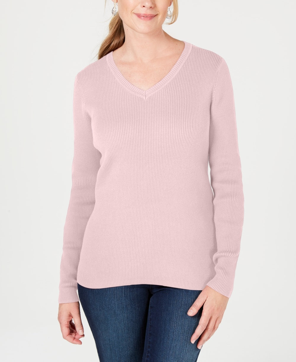 Karen Scott Women's Cotton V Neck Sweater Pink Size Medium