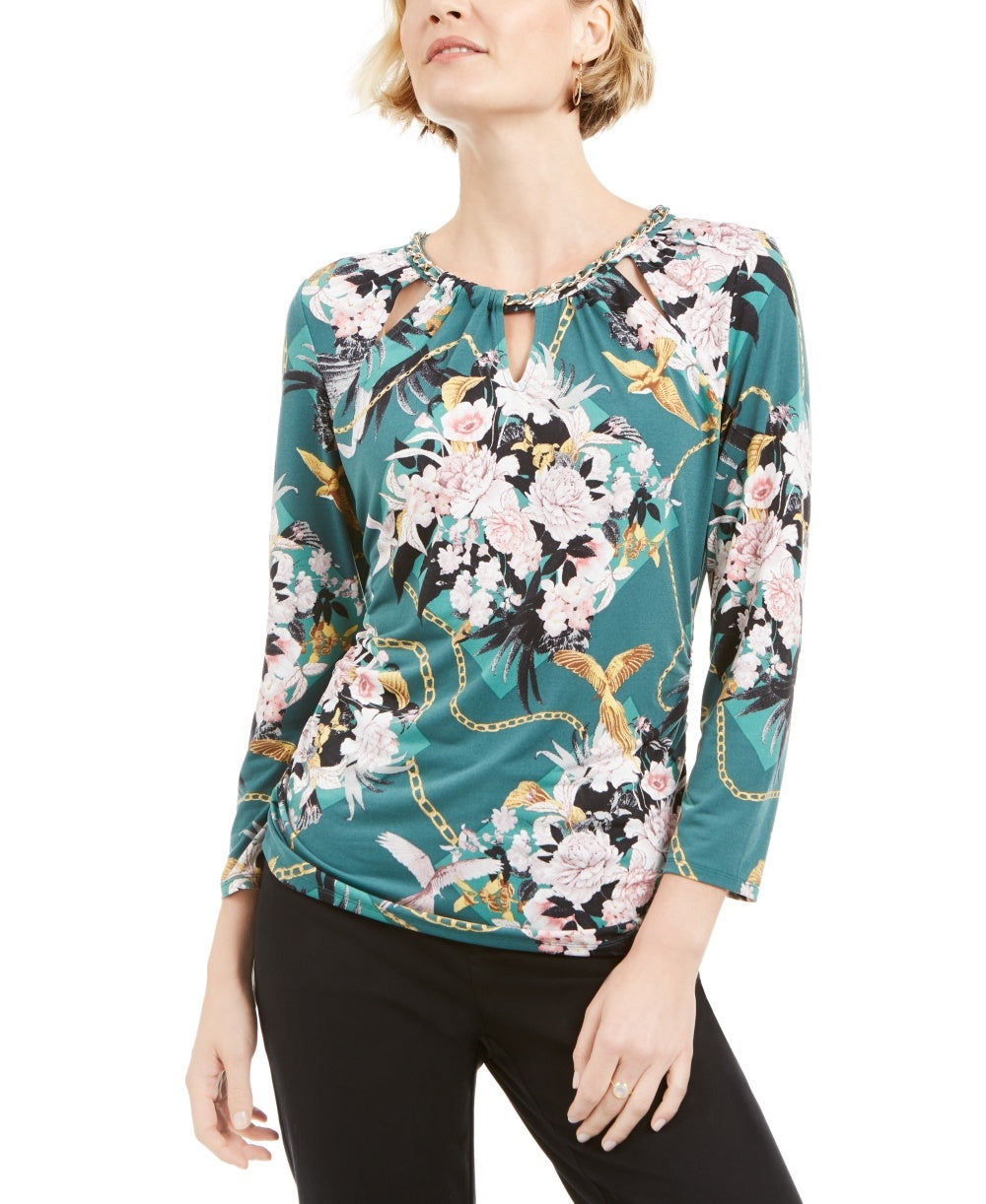 JM Collection Women's Petite Printed Chain-Neck Top Green Size Small
