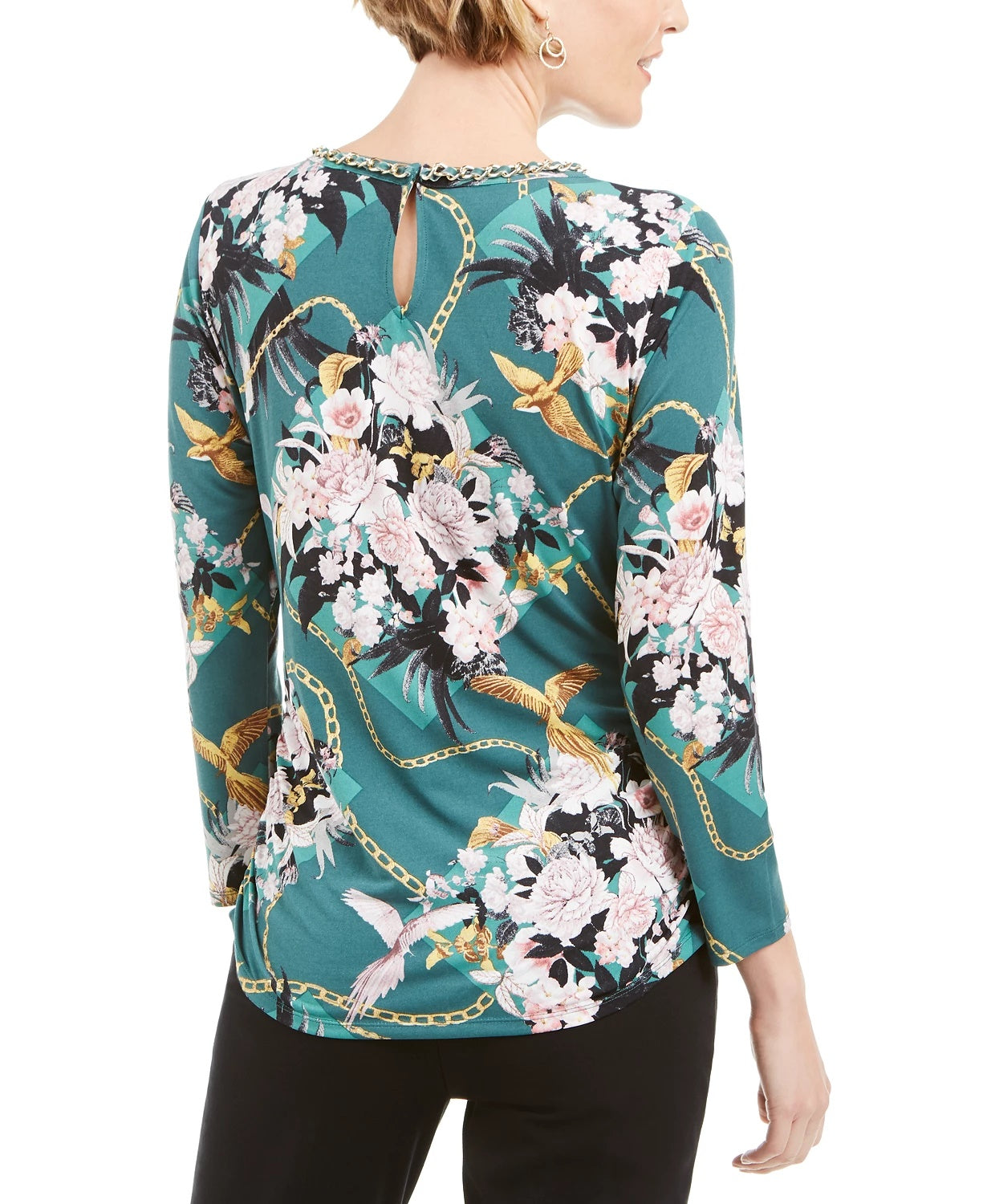 JM Collection Women's Petite Printed Chain-Neck Top Green Size Small