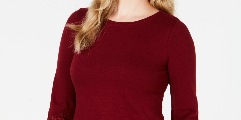 Charter Club Women's Cotton Lace Trim Top Red Size Petite Small