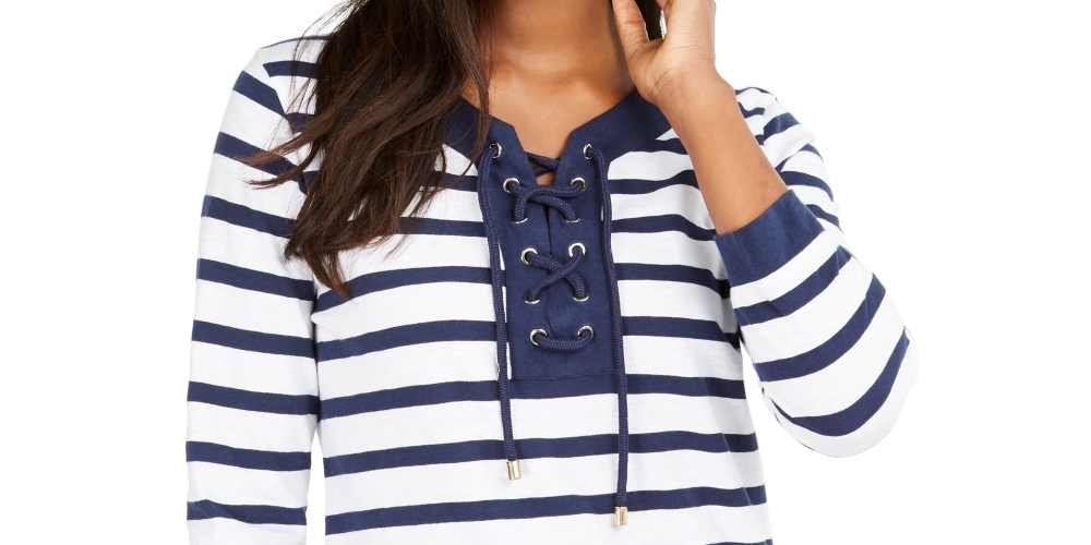 Charter Club Women's Cotton Lace Up Grommet Neck Tunic Blue Size Medium