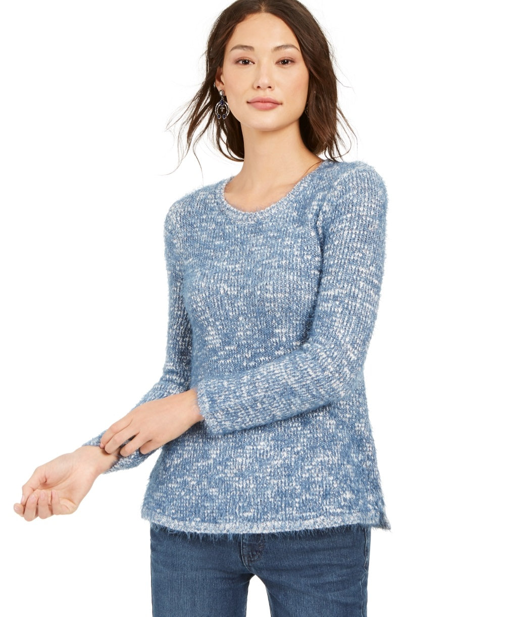 Style & Co Women's Marled Eyelash Sweater Blue Size PL